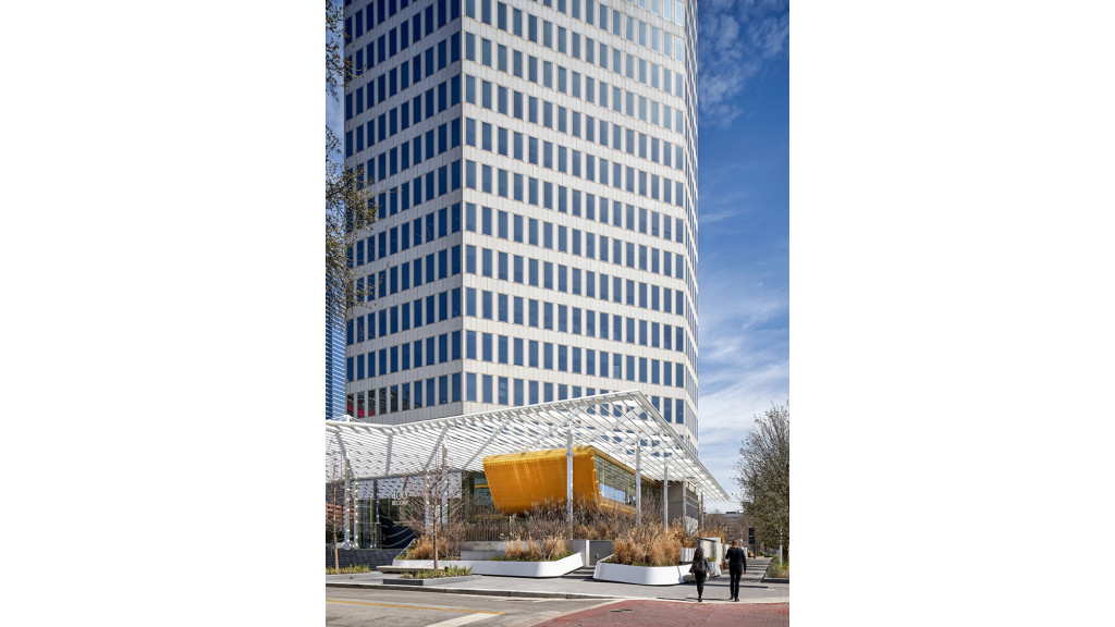 A building with a glass front.